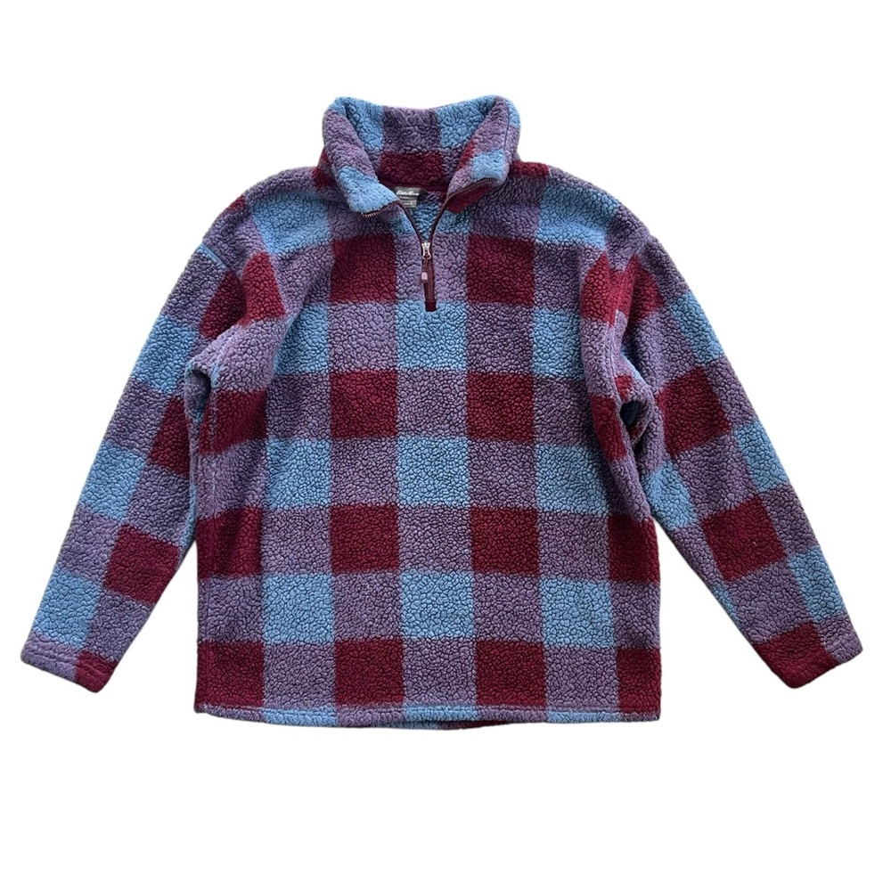 Eddie Bauer Women’s L Maroon Blue Harbor Checkered Plush Fleece 1/4 Zip Pullover